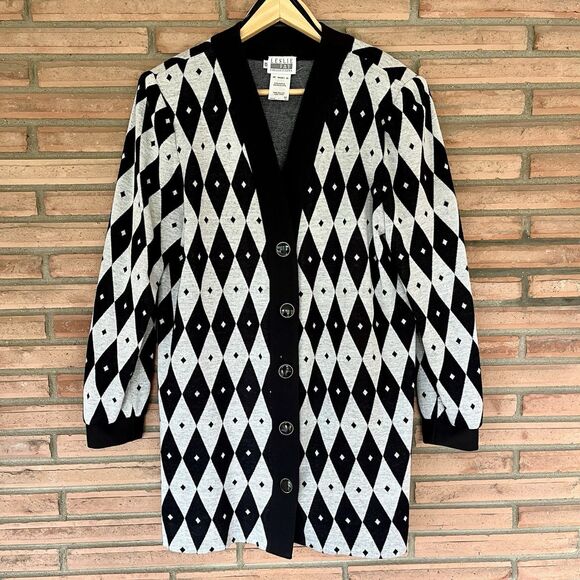 Vintage Leslie Fay Black Gray Diamond Argyle Long Button Cardigan Shoulder Pads - Picture 1 of 4